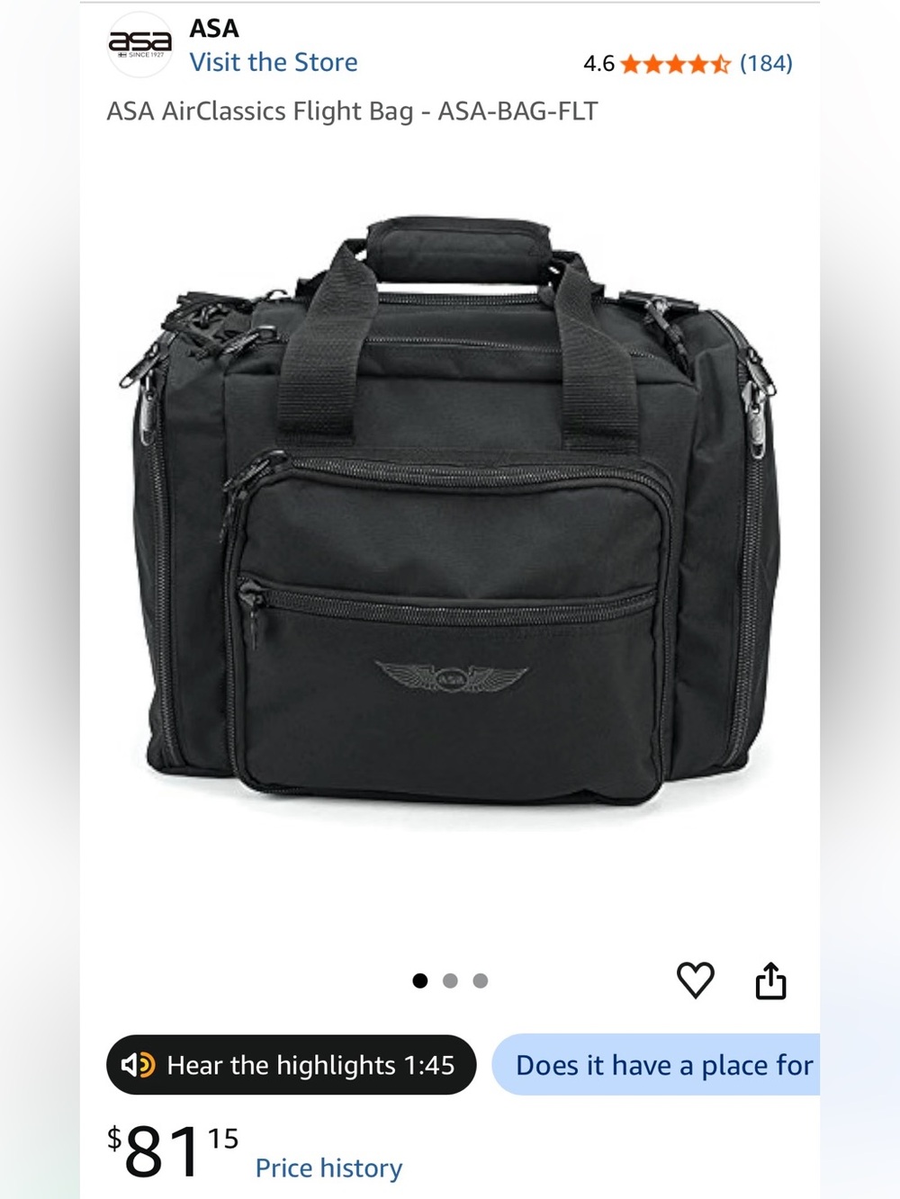 AirClassics Black Flight Bag - Durable Pilot Carry Bag